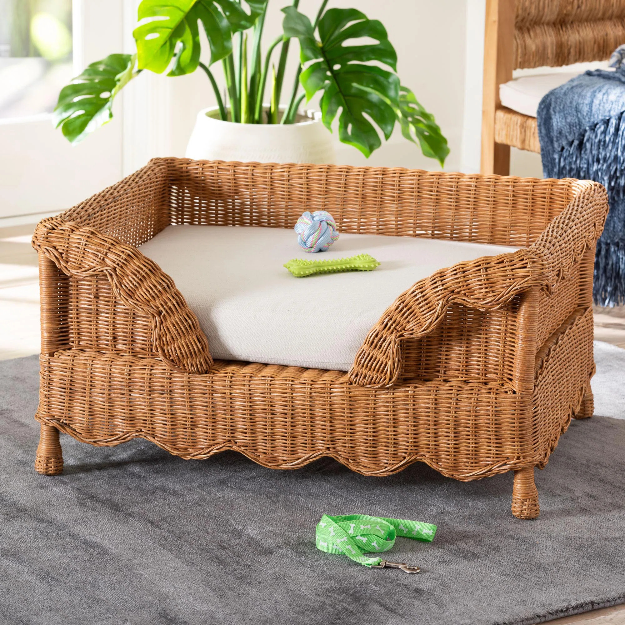 Bali & Pari Papina Natural Rattan Pet Bed With Scalloped Sides - Handwoven Wicker Enclosed Lounge... | Wayfair North America