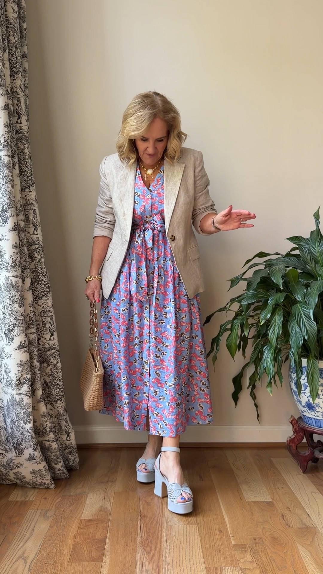 Dress size medium reg also comes in petite 

Linen blazer size medium 
Sandals tts and they’re fabulous 
White denim jacket size medium 
10% off my bag with code NANETTE
Wedding guest graduation shower dress Sunday dress

#LTKSaleAlert #LTKOver40 #LTKWorkwear