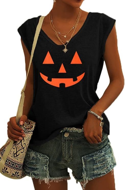 Langwyqu Womens Halloween Cap Sleeve T-Shirt Casual Loose Fit Shirts Tank Tops at Amazon Women’... | Amazon (US)