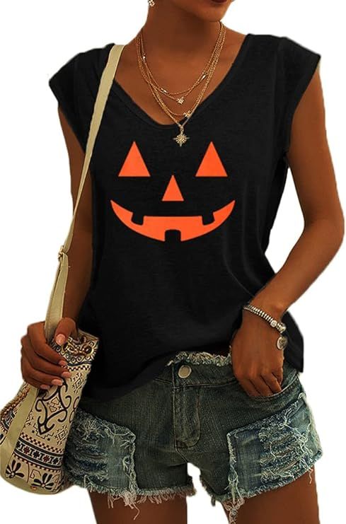 Langwyqu Womens Halloween Cap Sleeve T-Shirt Casual Loose Fit Shirts Tank Tops at Amazon Women’... | Amazon (US)