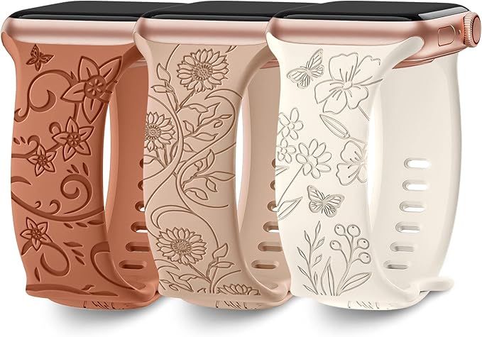 3 Pack Floral Engraved Bands Compatible with Apple Watch Band 40mm 41mm 38mm 42mm 44mm 45mm 49mm ... | Amazon (US)