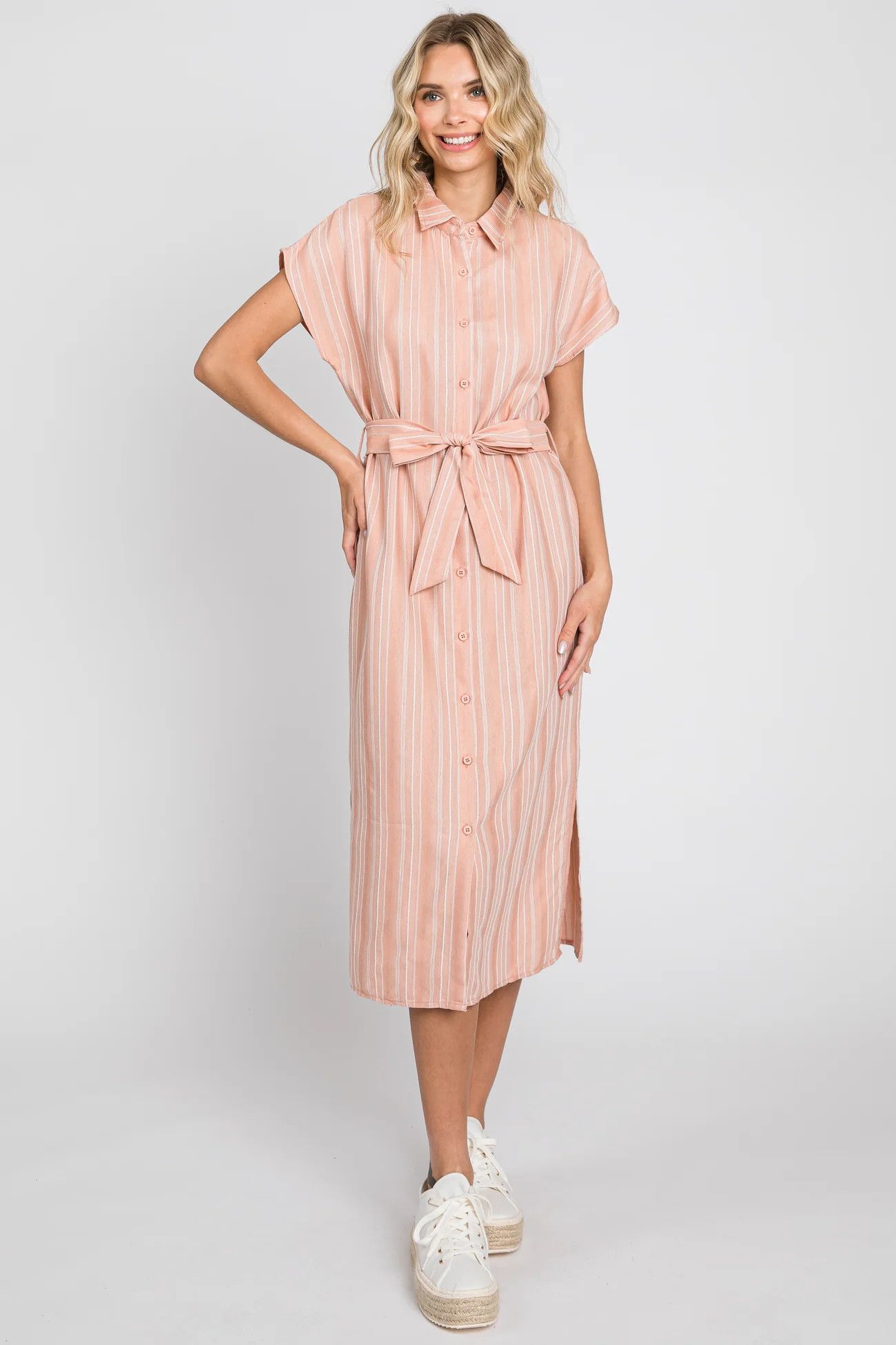 Peach Textured Stripe Button Front Linen Maternity Dress | PinkBlush Maternity