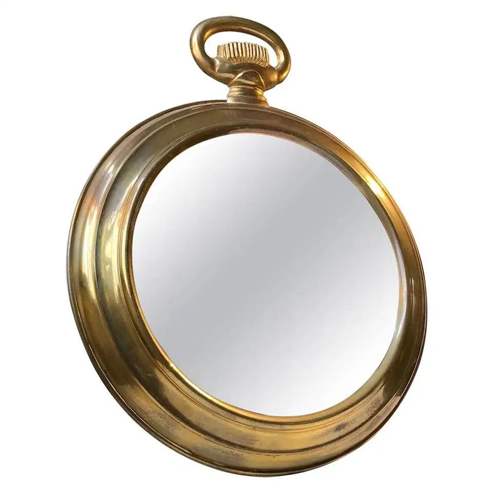 French Pocket Watch Wall Mirror in Brass, 1950s | 1stDibs
