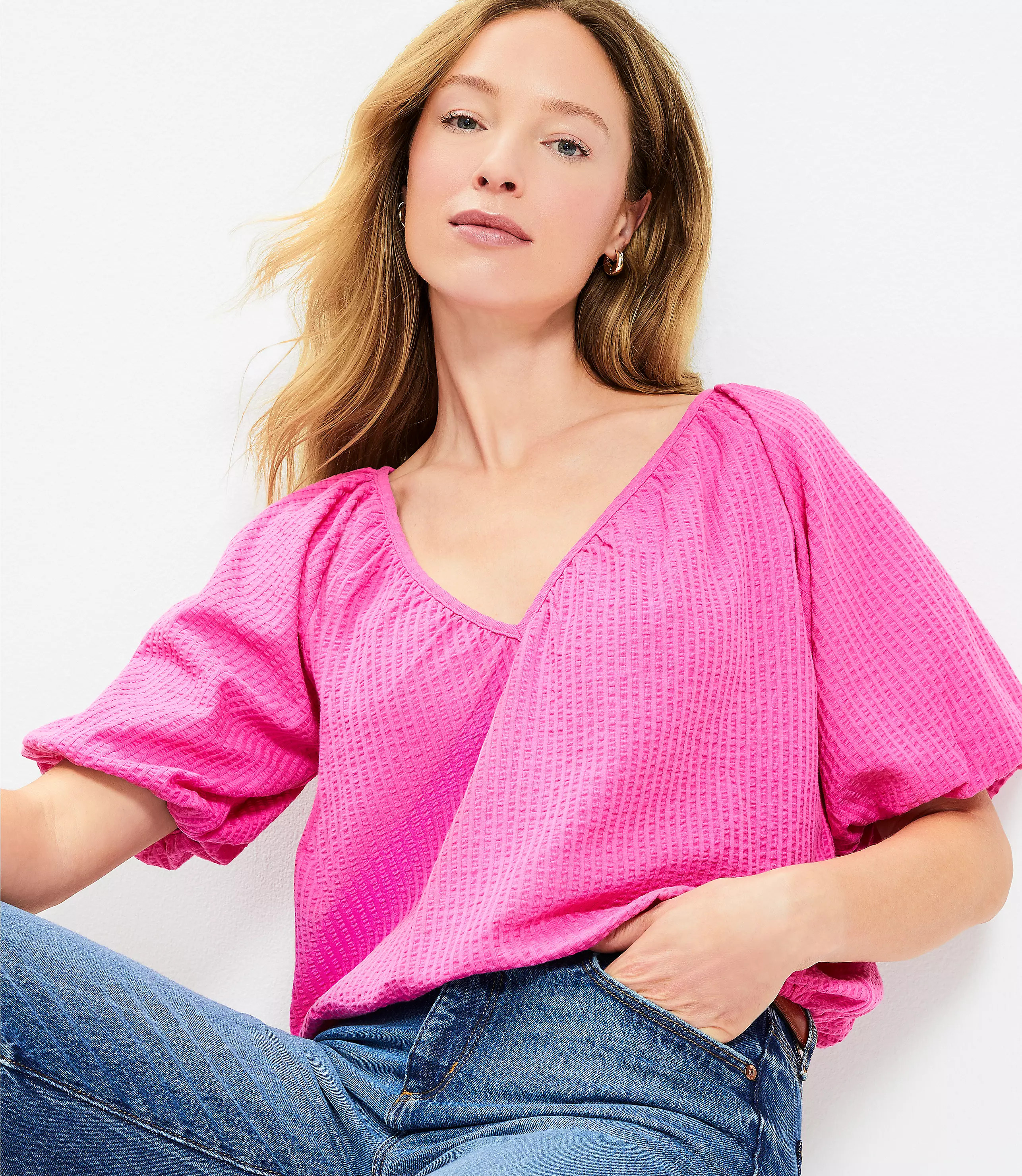 Crinkle Seersucker Bubble Hem Top | LOFT