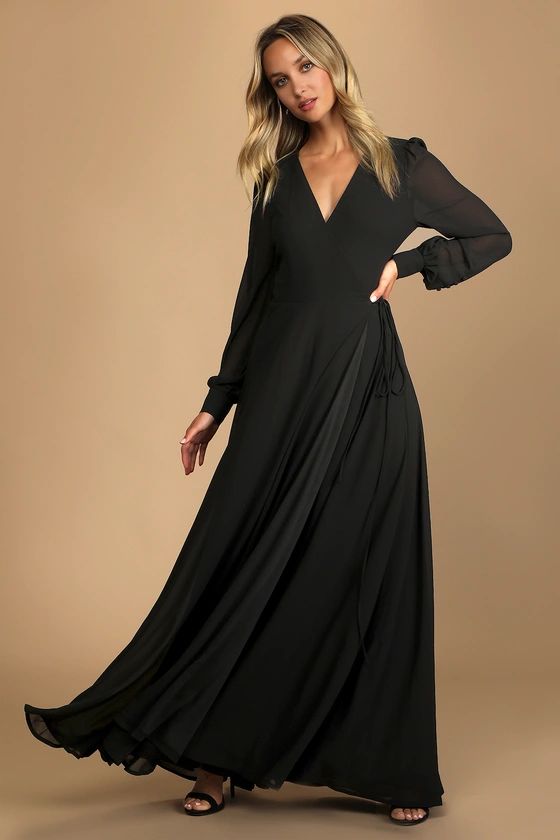 My Whole Heart Black Long Sleeve Wrap Dress | Lulus (US)