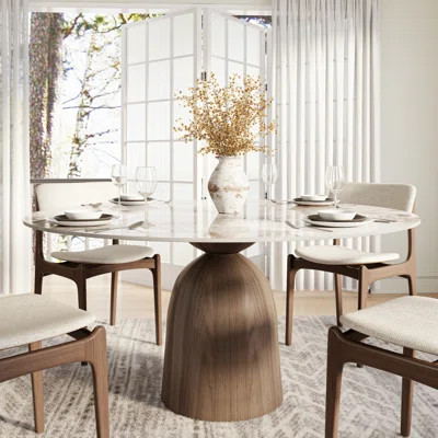 Amberly Luxurious Round Dining Table | Travertine & Stone Top With Solid Wood Base – Modern Design For Home & Entertaining | Wayfair North America