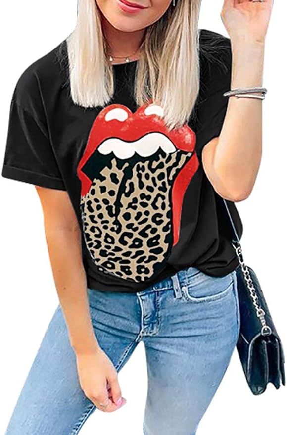 Maorrew Women Red Lip Leopard Tongue T-Shirt Short Sleeve Cheetah Animal Print Graphic Tee Tops | Amazon (US)
