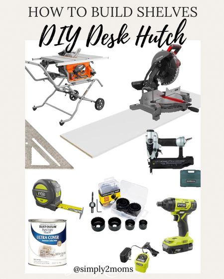 All the tools and supplies you need to build a DIY desk hutch. Need extra storage for books or a place to decorate. Then making shelves for over your desk is a great idea. Table and miter saws to cut wood. Brad nailer to secure everything and paint for finish work. All the instructions are on our blog! #deskhutch #collegedorm #tools #studentdesk

#LTKBacktoSchool #LTKfamily #LTKhome