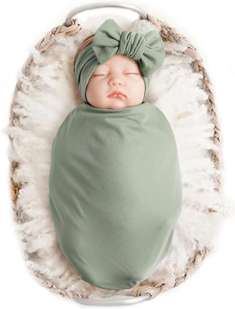 Konssy Baby Girl Newborn Receiving Blanket with Headband Set Baby Swaddle Nursery Swaddle Wrap | Amazon (US)