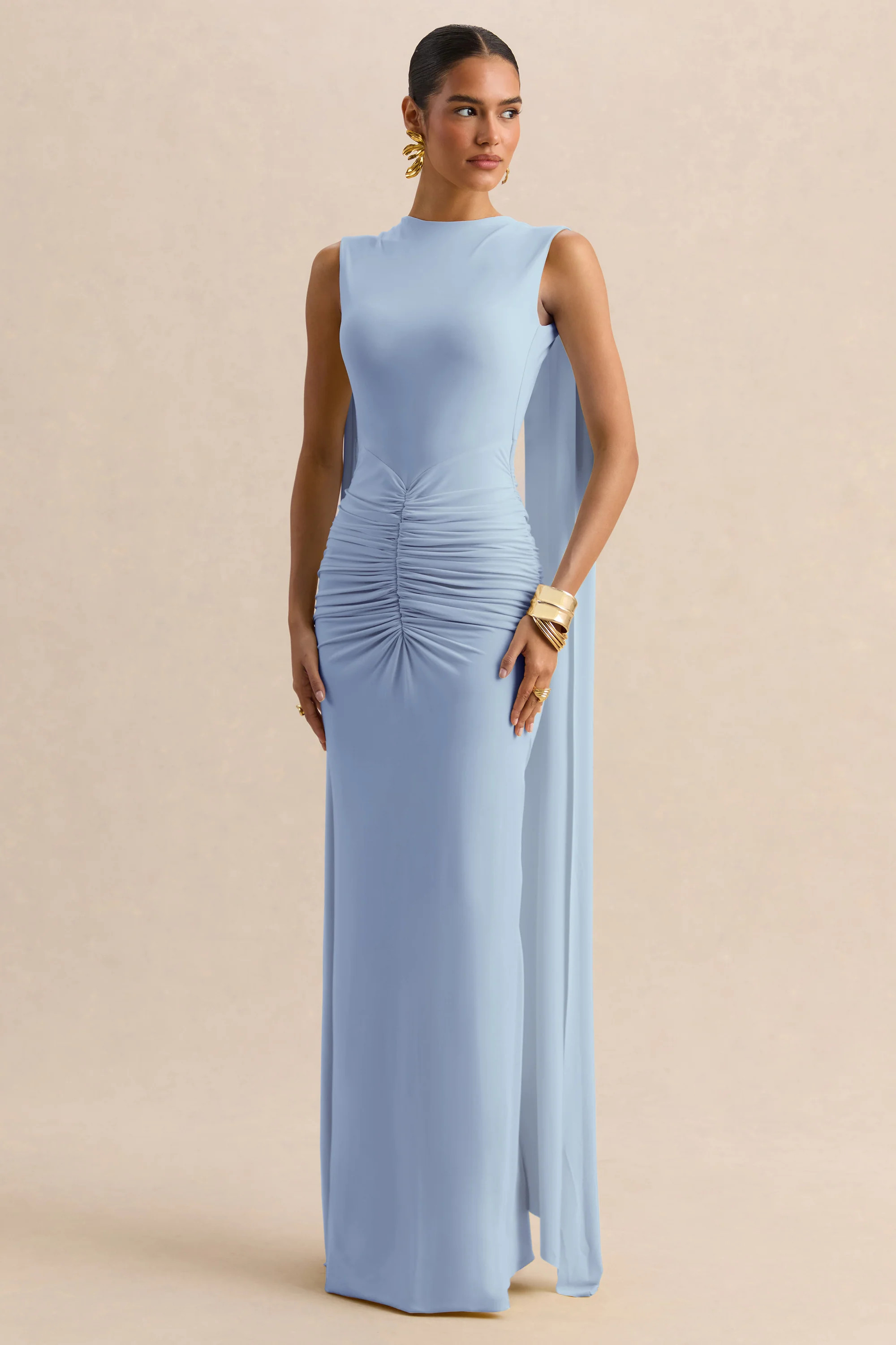 Premiere | Powder Blue Boat-Neck Maxi Dress With Cape-Sleeves And Open-Back | Club L London