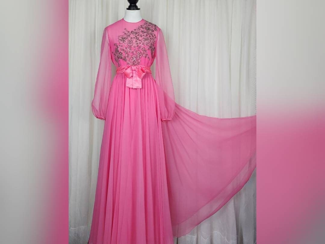 Vintage 60s Barbie Pink Beaded Chiffon Hostess Maxi Gown S/M | Etsy (US)