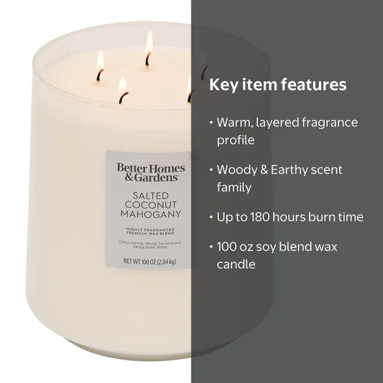 Better Homes & Gardens 5-Wick 100 oz Glass Jar Candle, Salted Coconut Mahogany | Walmart (US)