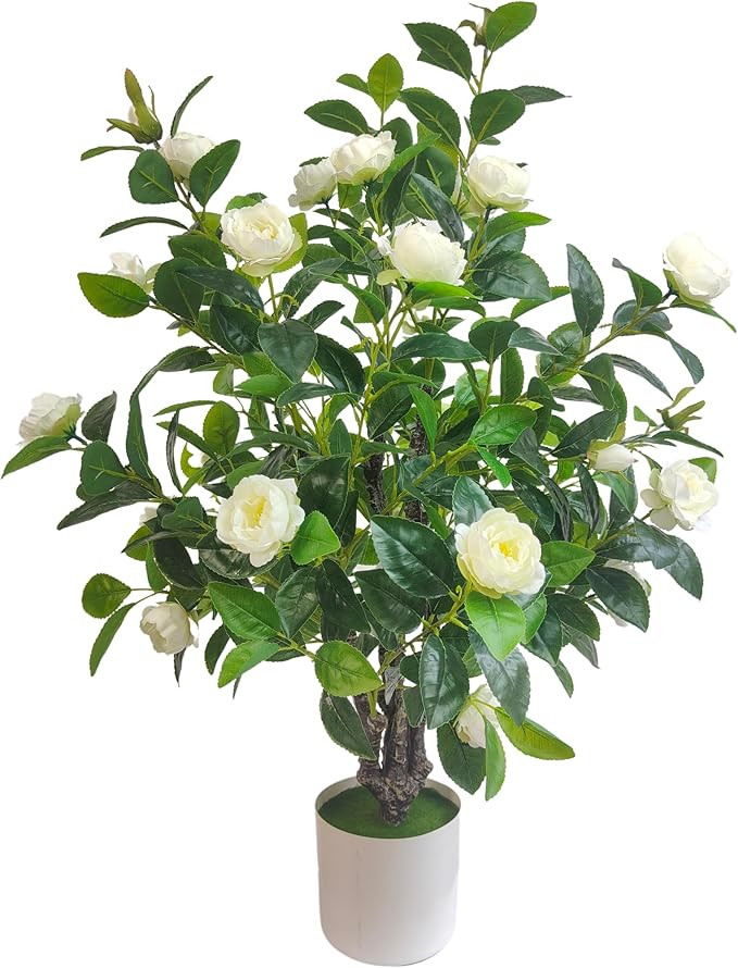 Artificial Camellia Tree 35in Faux Floral Plant with White Flowers and Green Leaves - No Maintena... | Amazon (US)