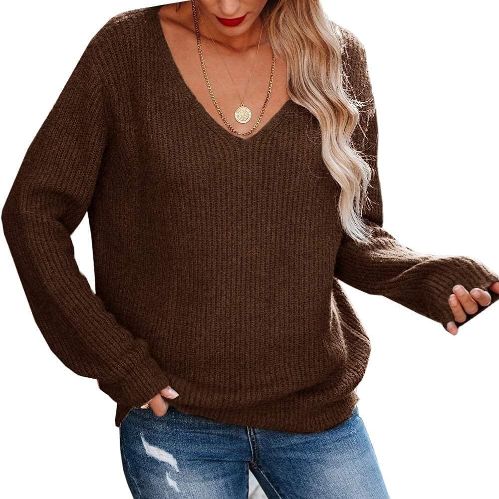 Joupbjw Women's V Neck Sweaters Off Shoulder Long Sleeve Basic Knitted Pullover Sweater Tops (Bro... | Amazon (US)