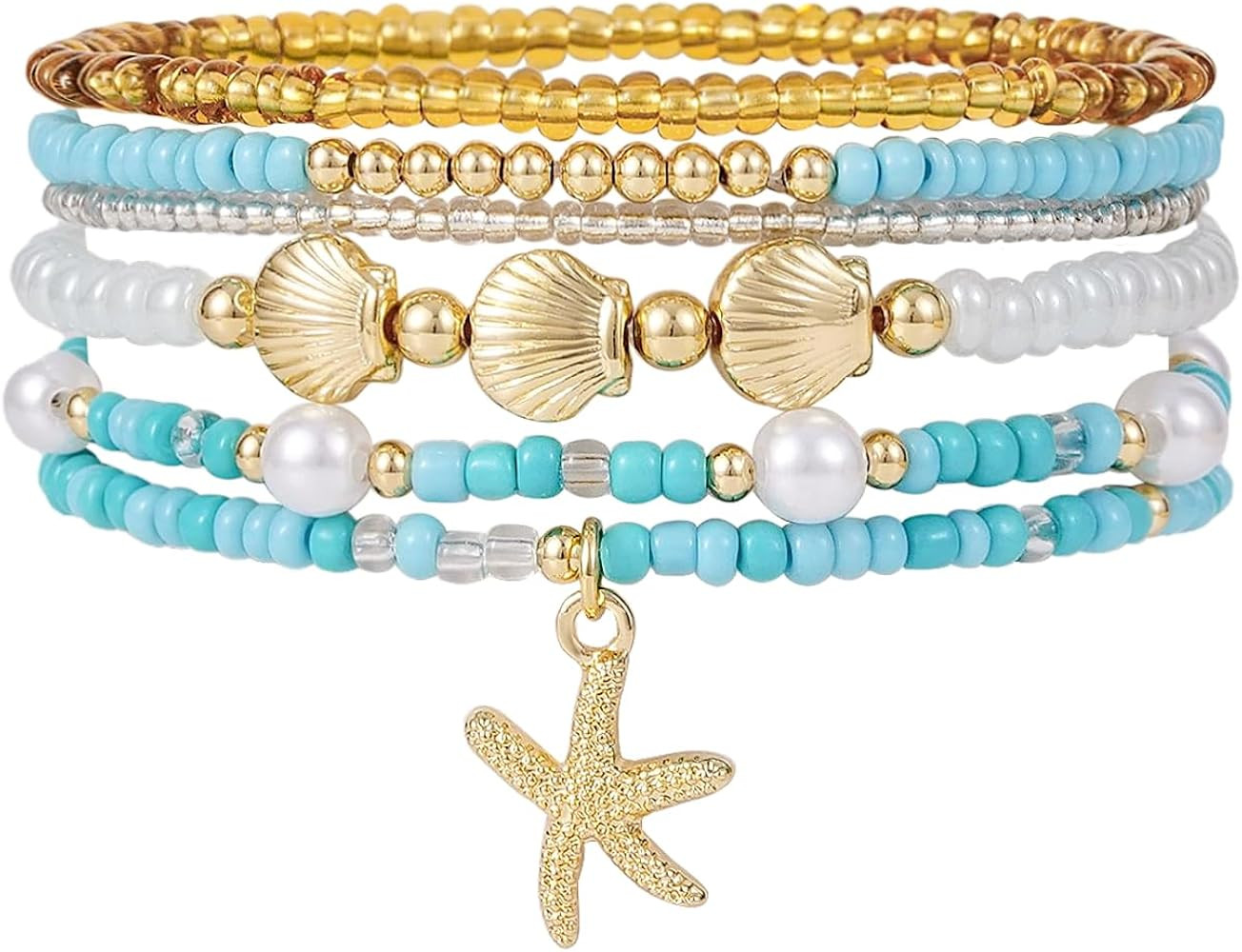 Shell Bracelet Seashell Boho Beaded Stretch Bracelets for Women Summer Beach Bracelets Starfish C... | Amazon (US)
