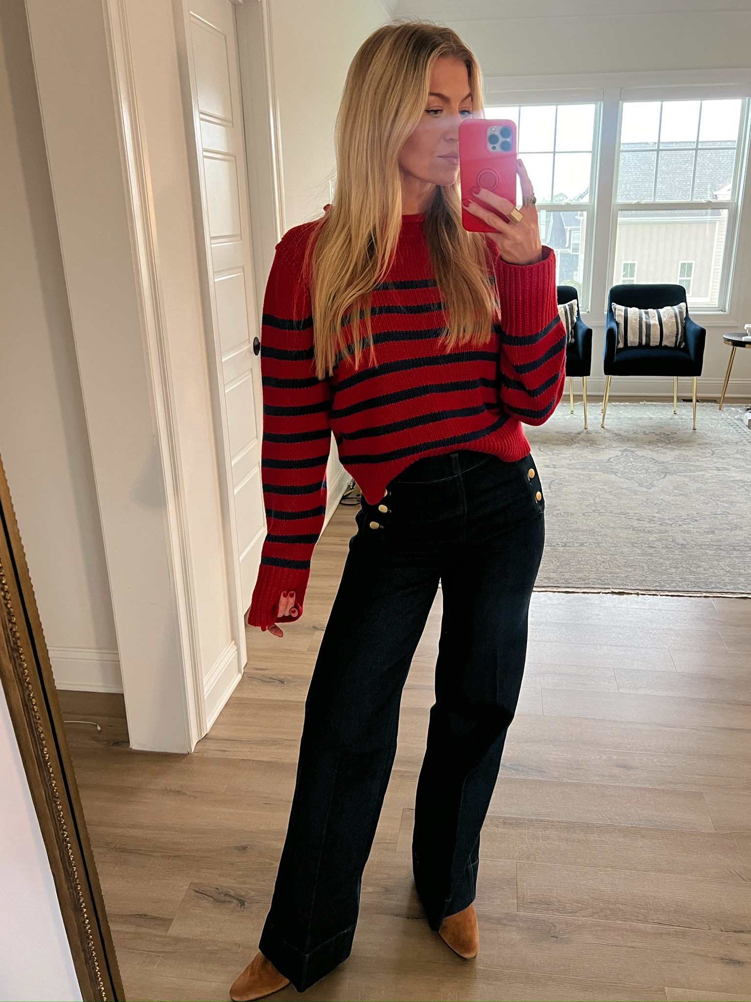 Striped sweater + gold button pants. 
Sweater: wearing a size medium
Pants: run TTS

#LTKStyleTip #LTKSeasonal #LTKBeauty