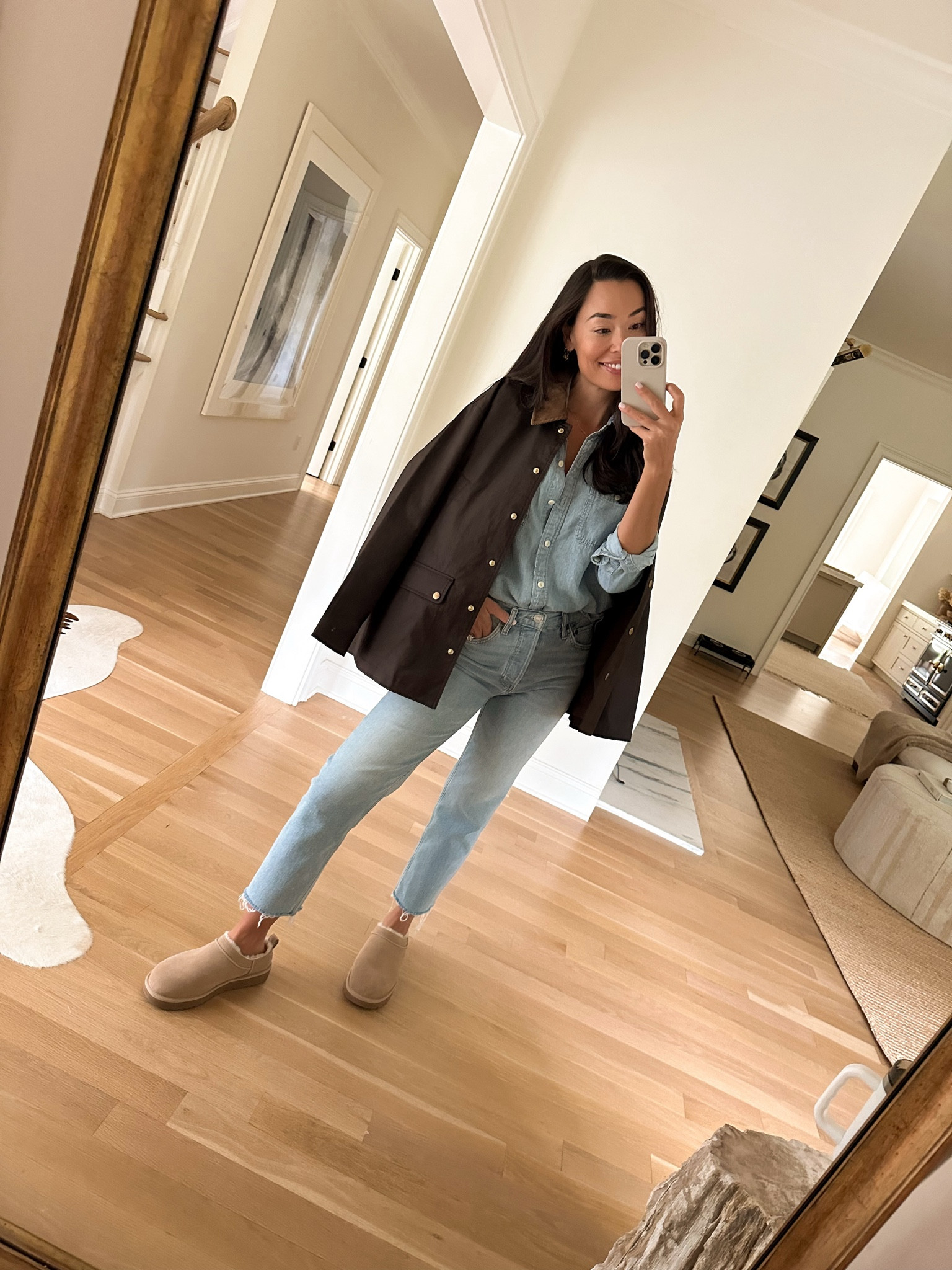 Fall outfit, barn jacket, denim jeans, chambray shirt. 

#LTKStyleTip #LTKSeasonal #LTKShoeCrush