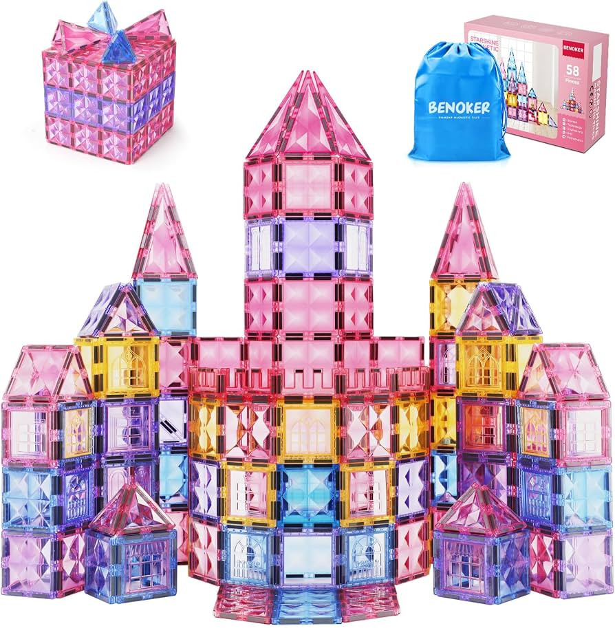 BENOKER Pink Castle Magnetic Tiles for Kids Ages 3-8, 3D STEM Toys with Sparkling Building Blocks... | Amazon (US)