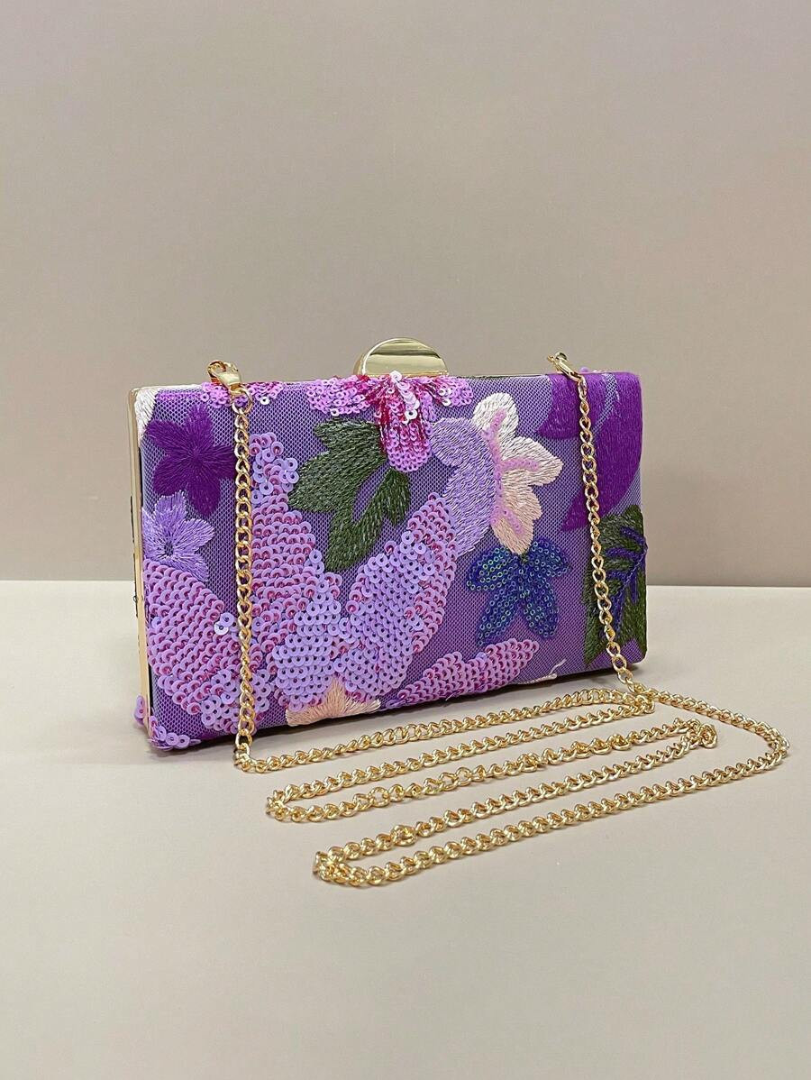 Mini Purple Party Clutch, (Unique Random Pattern) Elegant & Detailed Sequin Embroidered Box Bag F... | SHEIN