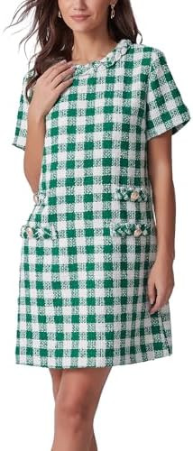 Ladyful Womens Tweed Jackie Dress Short Sleeve Elegant Crew Neck Business Party Vintage Button Bo... | Amazon (US)