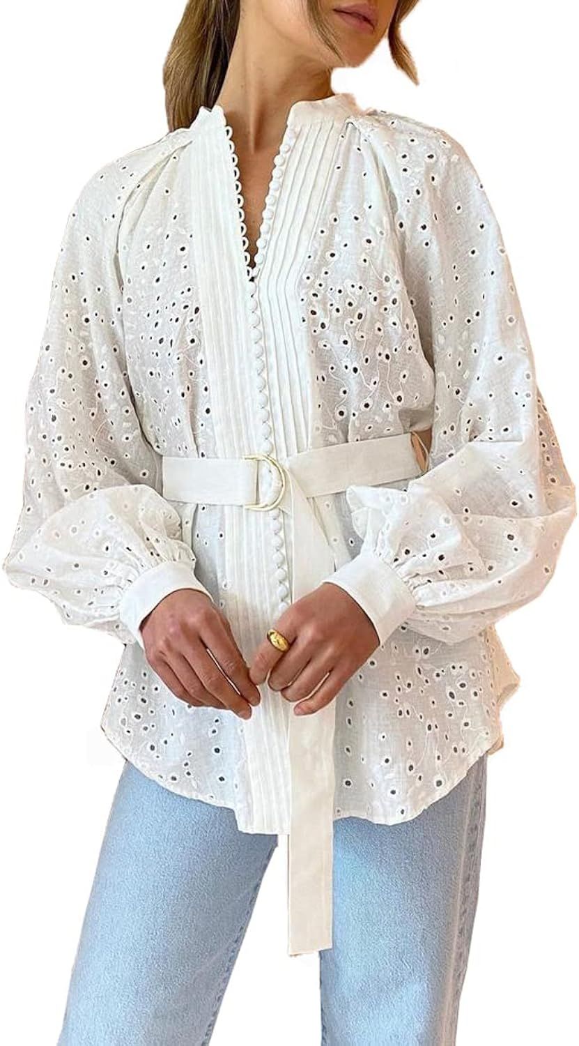 Aox Women Casual Long Sleeve Shirt Dress Summer Spring Loose Shift Blouse Top | Amazon (US)
