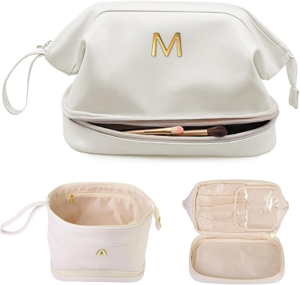 Initial Large Makeup Bag, Personalized Double Layer Cosmetic Bag with Makeup Brush Organizer, Wat... | Amazon (US)