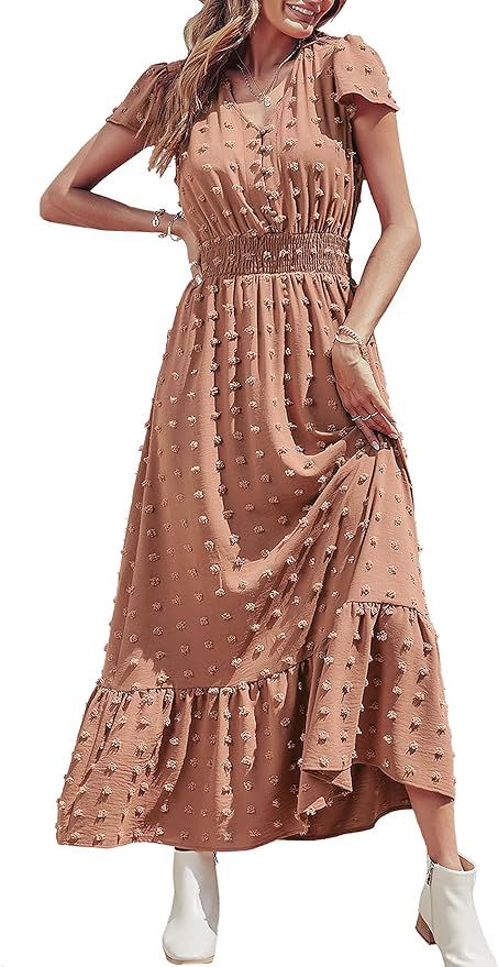 PRETTYGARDEN Womens Dresses 2024 Boho Short Sleeve V Neck Swiss Dot Ruffle Tiered Maxi Dress Smoc... | Amazon (US)