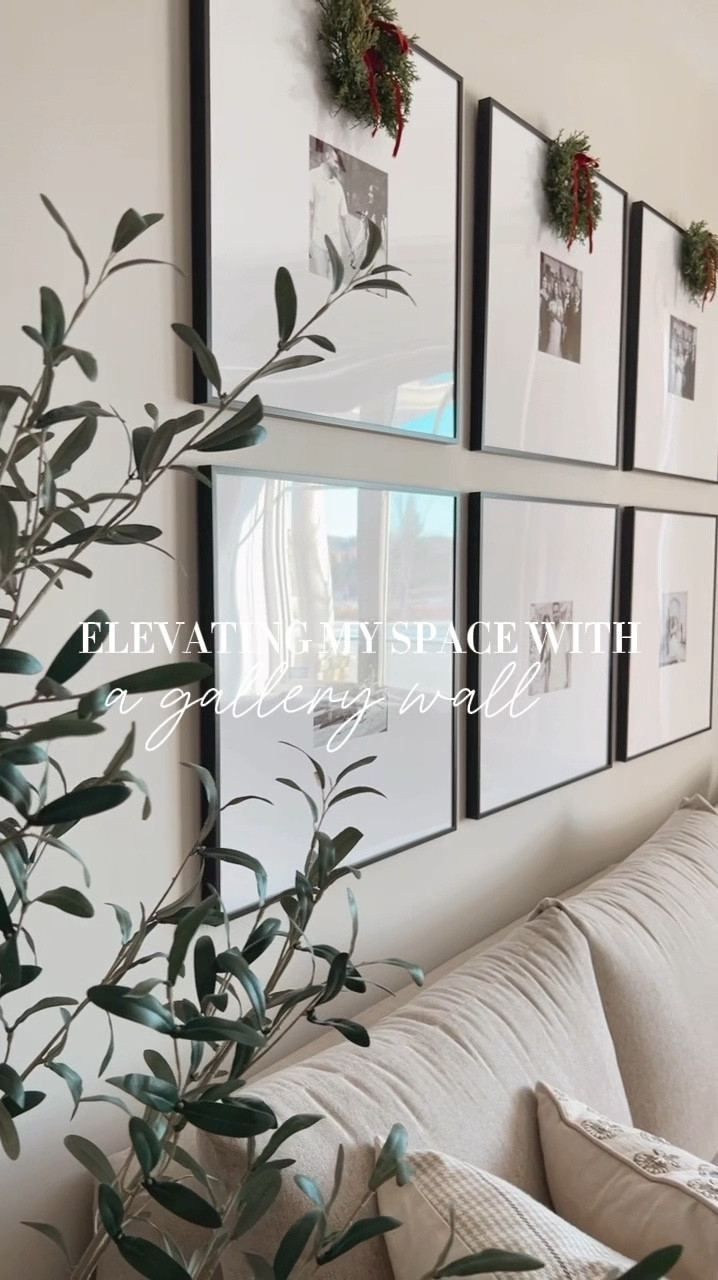 Finally filled the space behind our sectional and I’m so in love 🥹

Galley walls are my favourite way to 1) display precious memories and 2) elevating an empty wall. Thanks to @frameiteasy I was able to do both with these custom oversized frames. I’m loving the way it looks, especially during the holidays, paired with these cutie mini wreaths and diy bows 🥹✨

Frame Details: 
• frame size: 24 3/16” x 24 3/16” 
• art size: 8” x 8” 
• style: ashford, in satin black
• cover: clear acrylic 
• matting: 8” smooth white 
• backing: acid free foamcore 

 #frameiteasy #gallerywall #gallerywallinspo #gallerywalldecor #christmasdecor #christmashome #organicmodern #christmashomedecor 

#LTKcanada #LTKcasa #LTKwinter