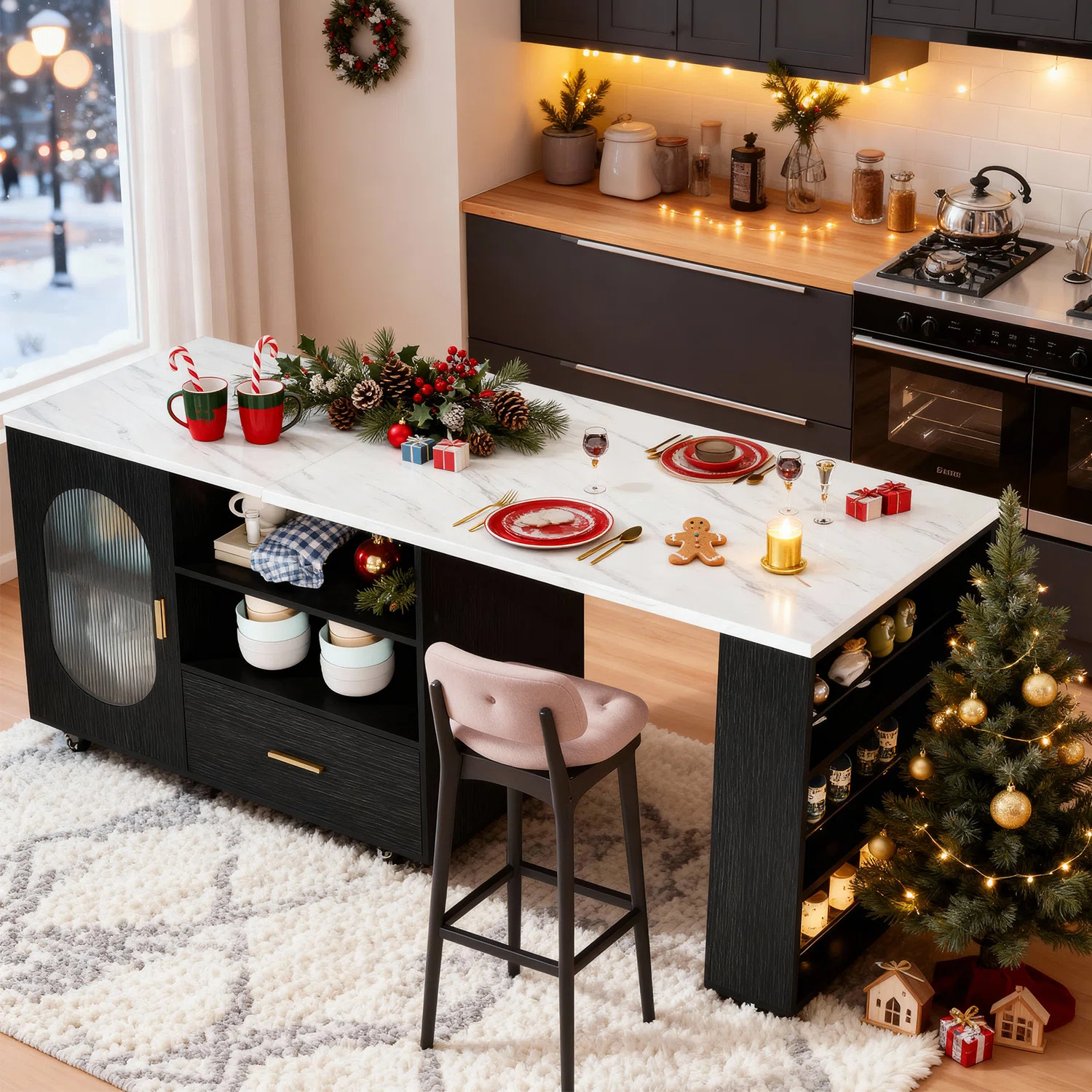 Kitchen Island With Extended Table, Storage Cabinet, Drawers, White Faux Marble Top And Black Oak... | Wayfair North America