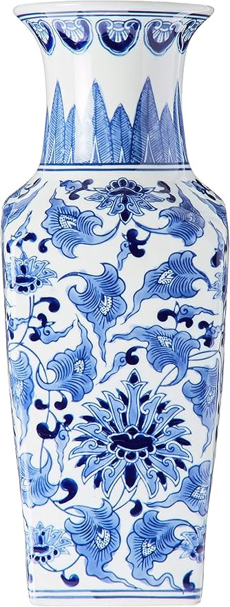 K&K Interiors Porcelain Blue and White Chinoiserie Square Vase, - 15299A | Amazon (US)