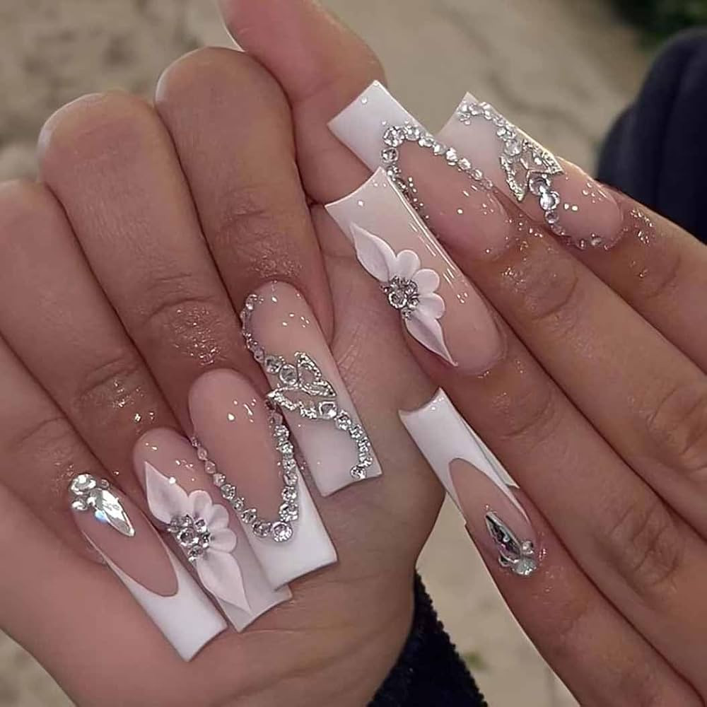 RikView French Tip Nails Square Press on Nails Long Fake Nails with 3D Flowers White Nails Glossy... | Amazon (US)