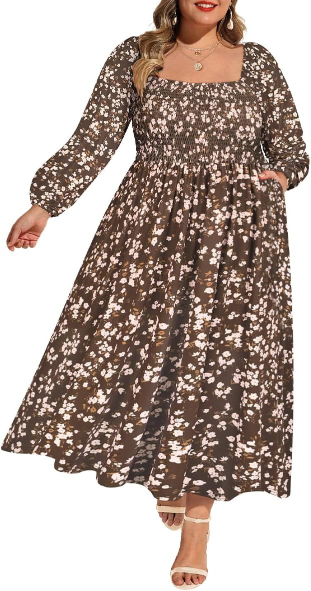 RITERA Plus Size Dresses for Curvy Women Square Neck Fall Long Sleeve Floral Smocked Maxi Dress with Pocket XL-5XL | Amazon (US)