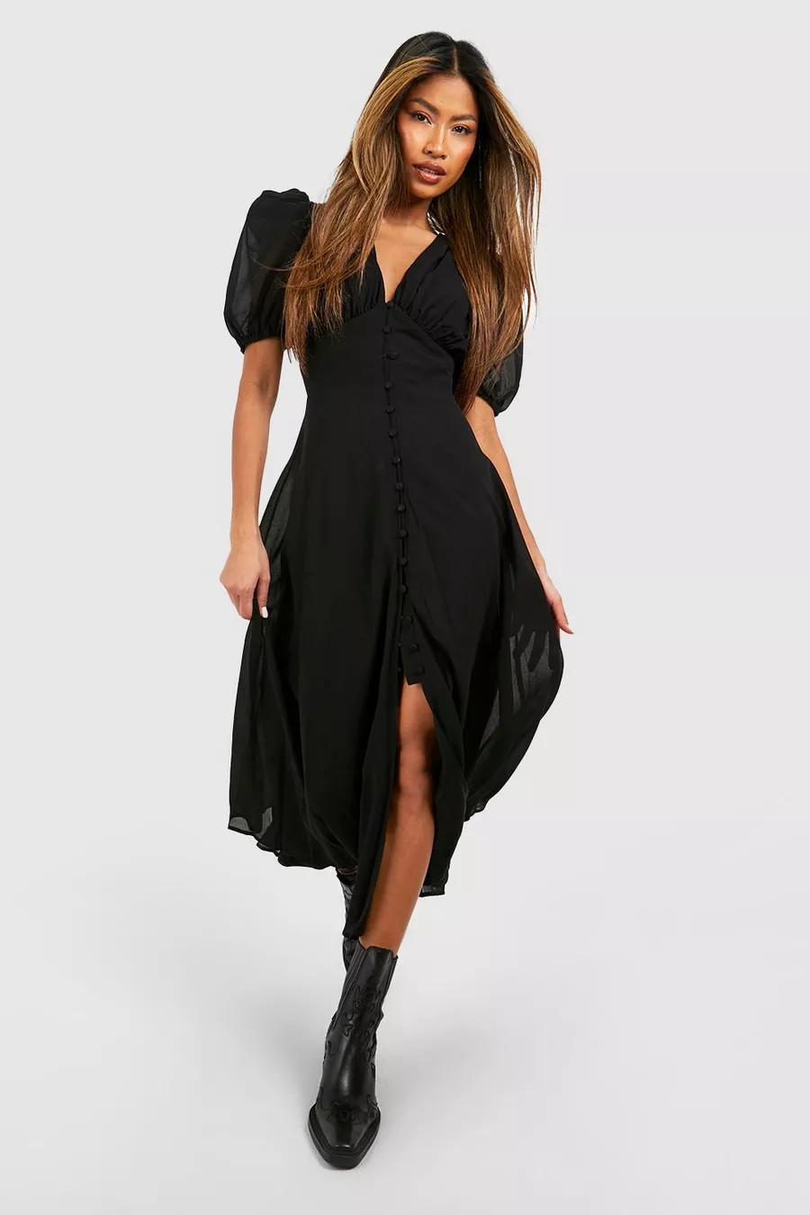 Puff Sleeve Button Through Midi Dress | boohoo (US & Canada)