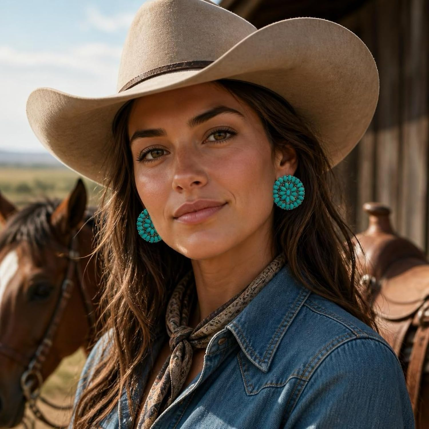 Turquoise Statement Stud Earrings, Western Style, Silver Tone | Amazon (US)
