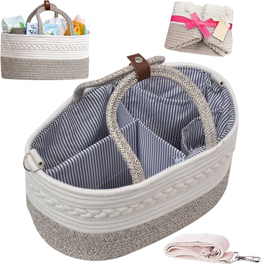 BIBSYBABY Diaper Caddy Baby Basket - 100% Cotton Rope Diaper Basket with 2 Pockets, Handle Locker... | Amazon (US)