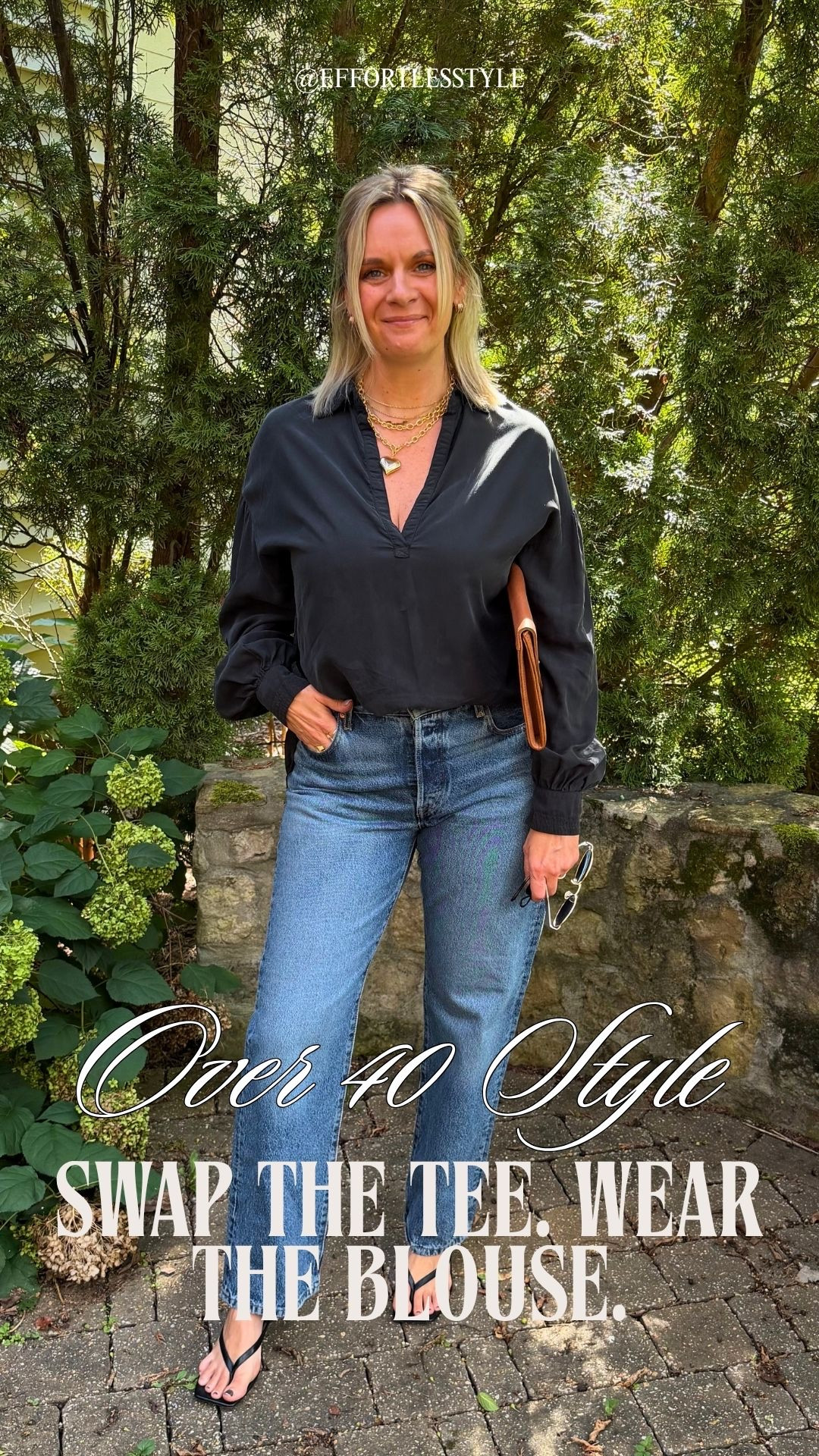 Unpopular opinion: swapping your tee for a blouse is the easiest upgrade you can make to a jeans outfit 👇

Here's why that one swap makes such a big difference:

🖤 A blouse adds structure that a tee simply can't. The fabric, the drape, the neckline — a blouse has details that make an outfit look considered without adding any extra pieces. Same jeans, completely different impression.

🖤 It signals that you got dressed with intention. A tee says comfortable. A blouse says confident. When the rest of your outfit is as simple as jeans and sandals, your top is doing all the talking — make it say something worth hearing.

🖤It takes you further in your day without changing. Client meeting, lunch out, errands, dinner — a blouse with jeans transitions across every part of your day in a way a casual tee just doesn't. One outfit, zero outfit changes.

The swap doesn't have to be complicated — just trade the tee for a blouse and let everything else stay exactly the same. ✨

OOTD ✨ Black blouse + medium wash straight leg denim + black thong sandals + gold layered necklaces + tan clutch. All from my own closet — linked the closest versions I could find. Everything shoppable below! 👇

#LTKootd #LTKOver40 #LTKdayinmylife