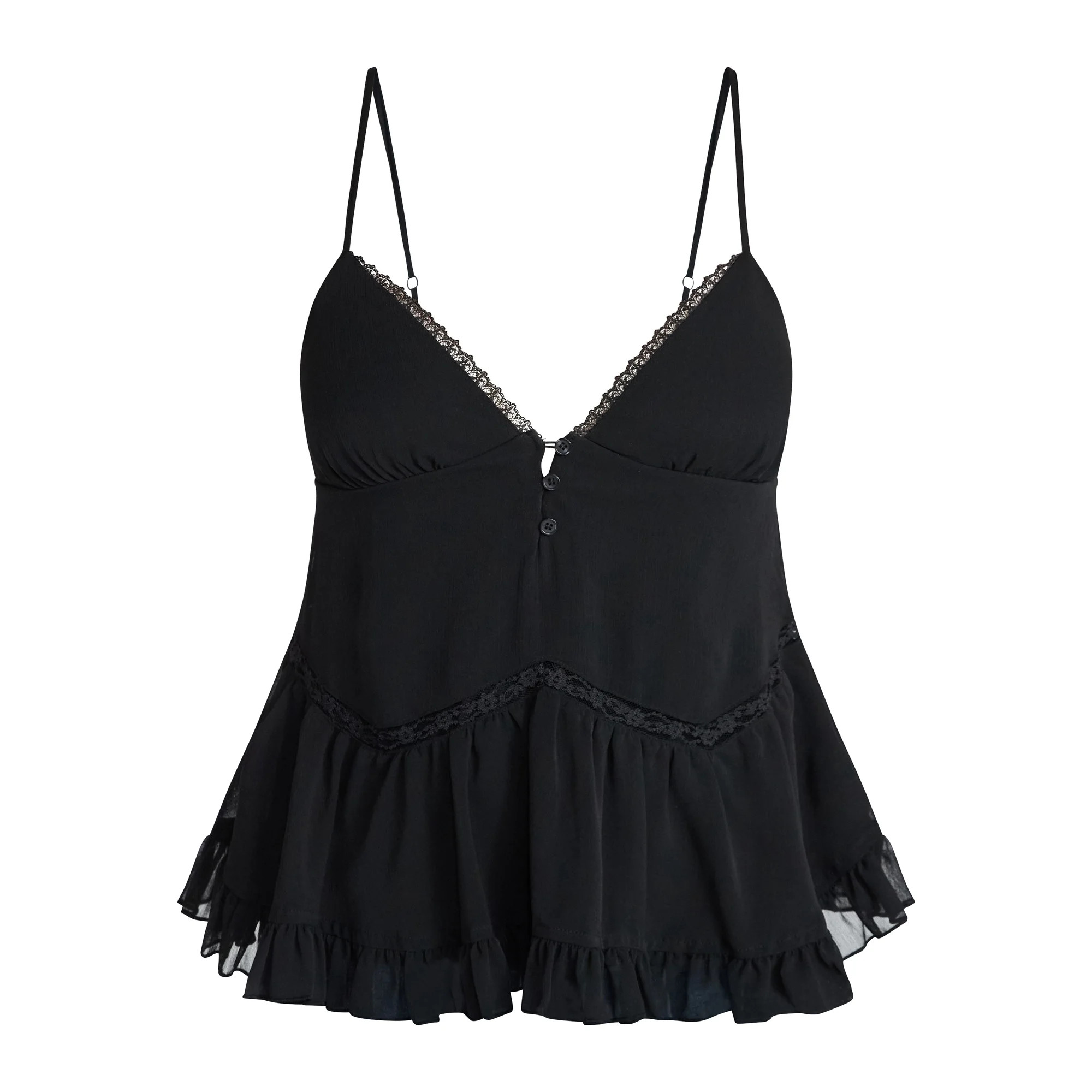 No Boundaries Button Front Ruffle Lace Trim Cami Top, Women's XXS-XXL | Walmart (US)