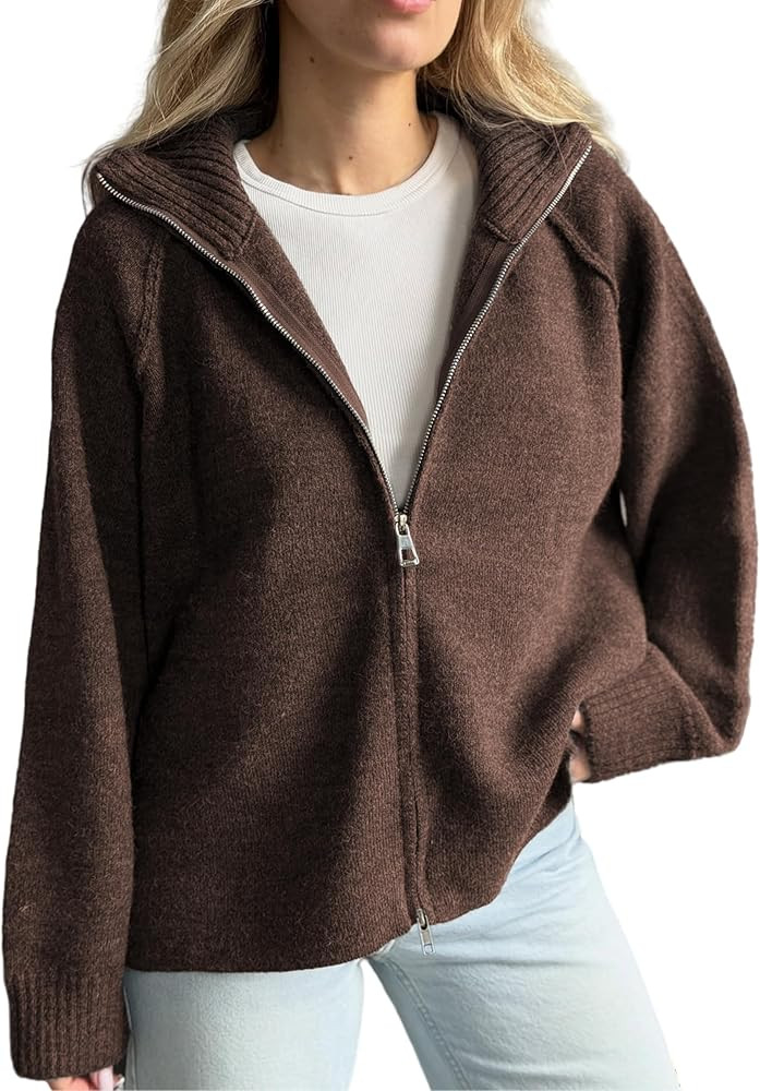 Womens Long Sleeve Collared Zipper Cardigan Fall Casual Sweater Coat Oversized Trendy Jackets Top... | Amazon (US)