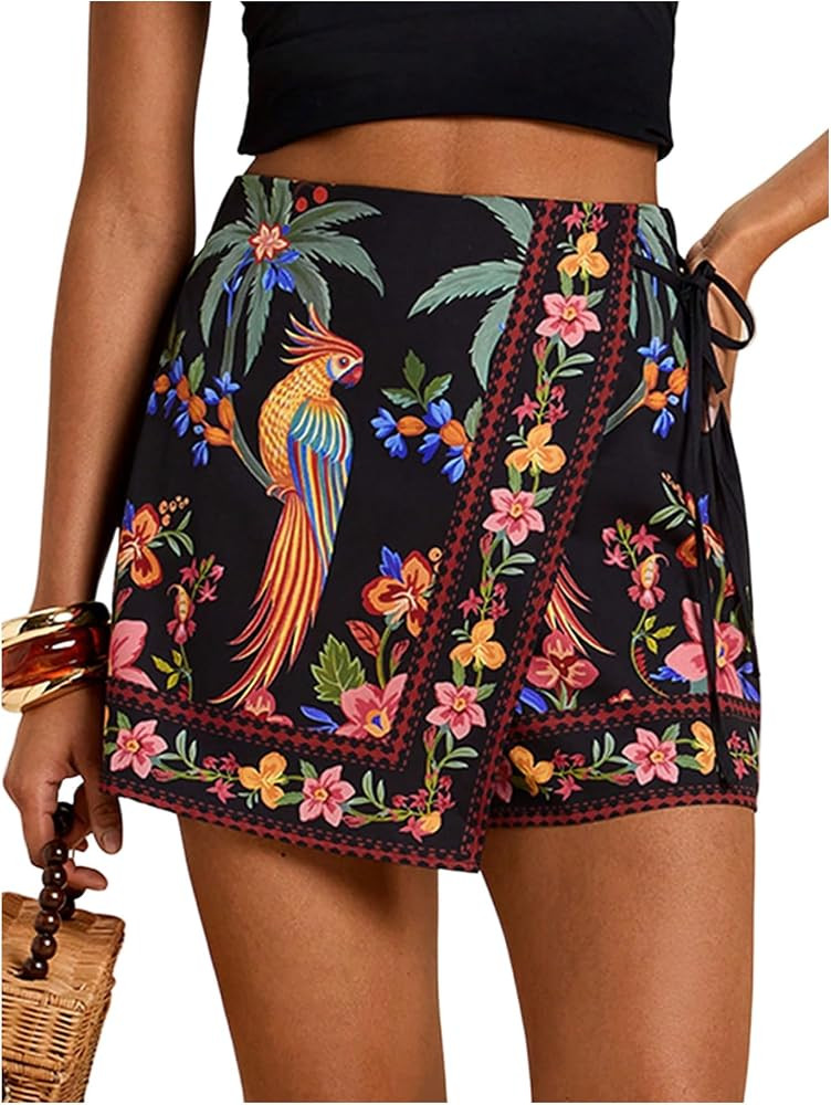 RoseSeek Women's Floral Graphic Skirt Shorts Drawstring Waist Tropical Boho Wrap Skorts | Amazon (US)
