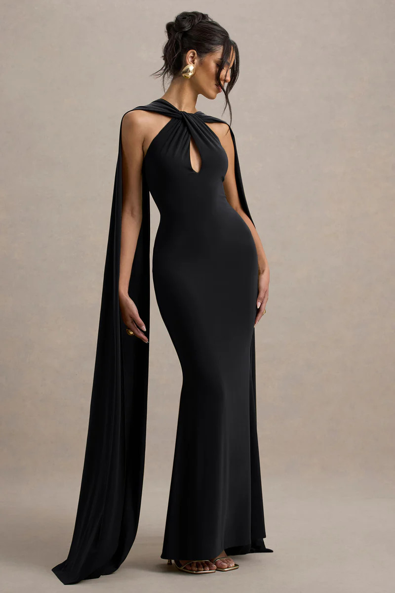 Rhoda | Black Twist Halter-Neck Cape Maxi Dress | Club L London