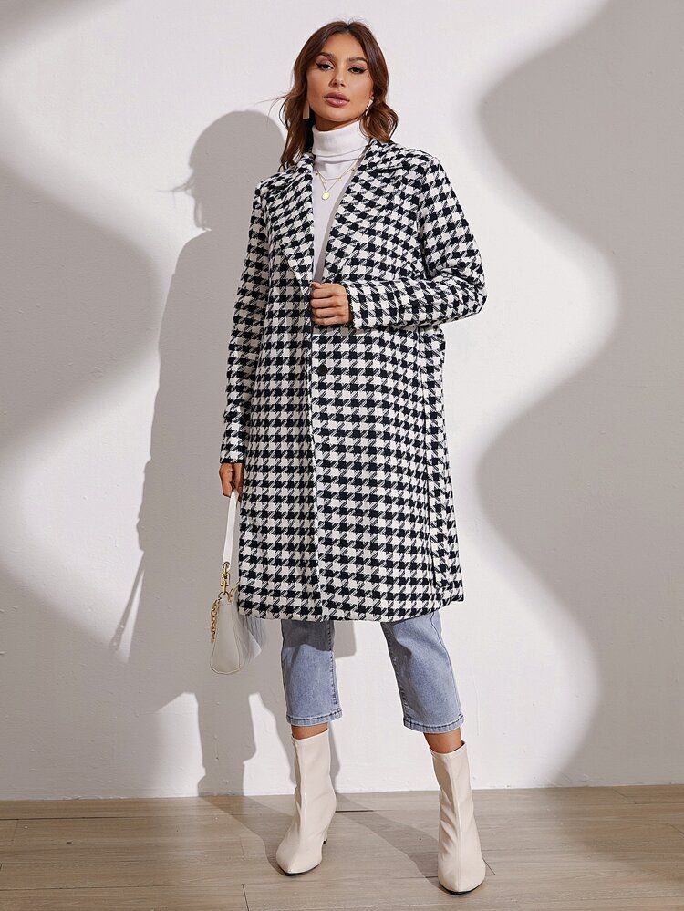 Houndstooth Print Lapel Collar Belted Overcoat | SHEIN