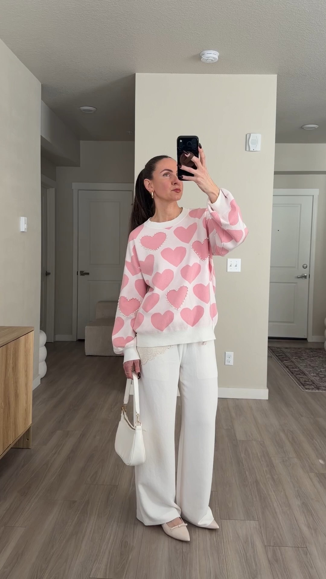 valentine's day outfits 
valentine's day sweater 
white wide leg pants
