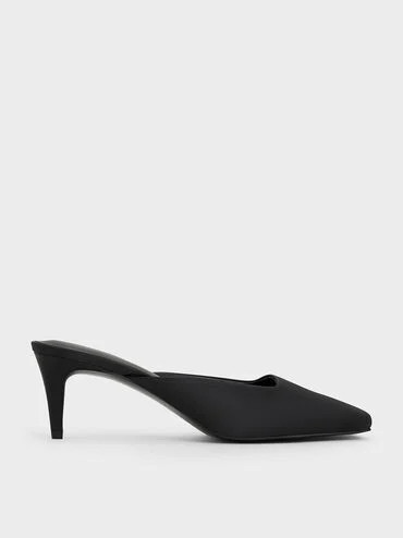 Black Textured Satin Square-Toe Blade-Heel Mules | CHARLES & KEITH UK | Charles & Keith UK