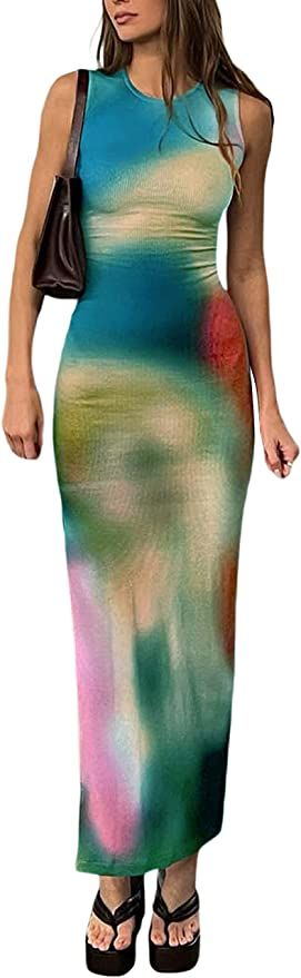 Argeousgor Women Y2k Tie Dye Tank Dress Sleeveless Bodycon Long Dresses Printed Slim Fit Short Dr... | Amazon (US)