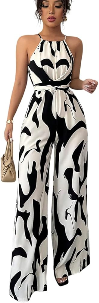 Women's Summer Sleeveless Jumpsuit Tie Halter Neck Casual Wide leg Pants Romper One Piece Outfit | Amazon (US)
