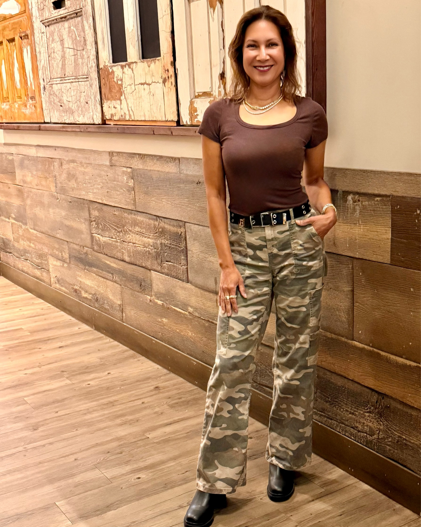 Midweek dinner date cuz now the retired life is so good.  You guys are loving these camo pants. Pair with a a tee, a dark denim jacket, lug sole boots and elevate the look with a necklace stack for a casual day to date night look.
#LTKOver40

#LTKdayinmylife #LTKfoodie #LTKootd