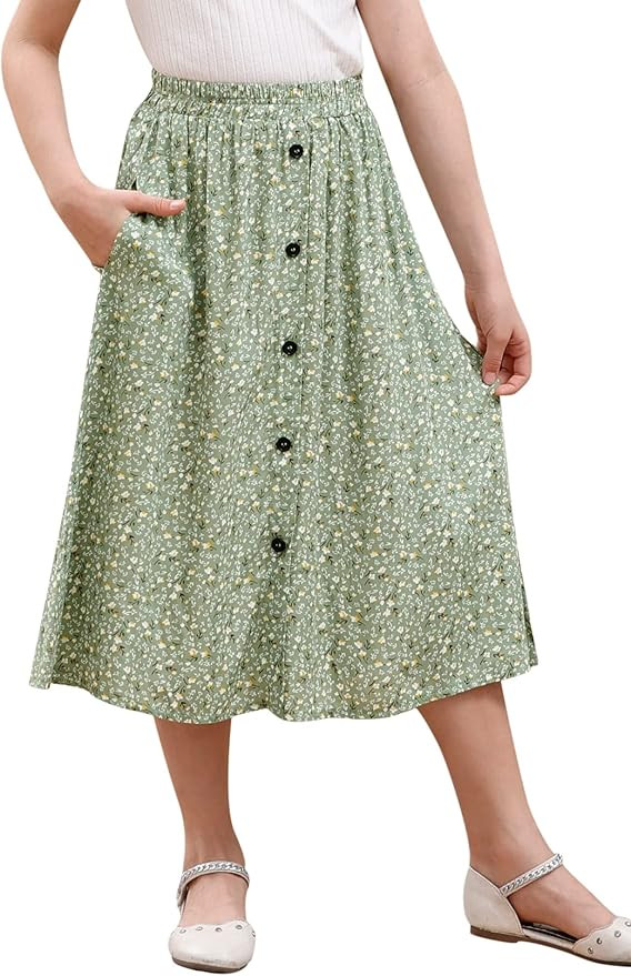 GORLYA Girls A-Line Elastic High Waist Pleated Swing Maxi Skirt with Pockets for 4-14T | Amazon (US)