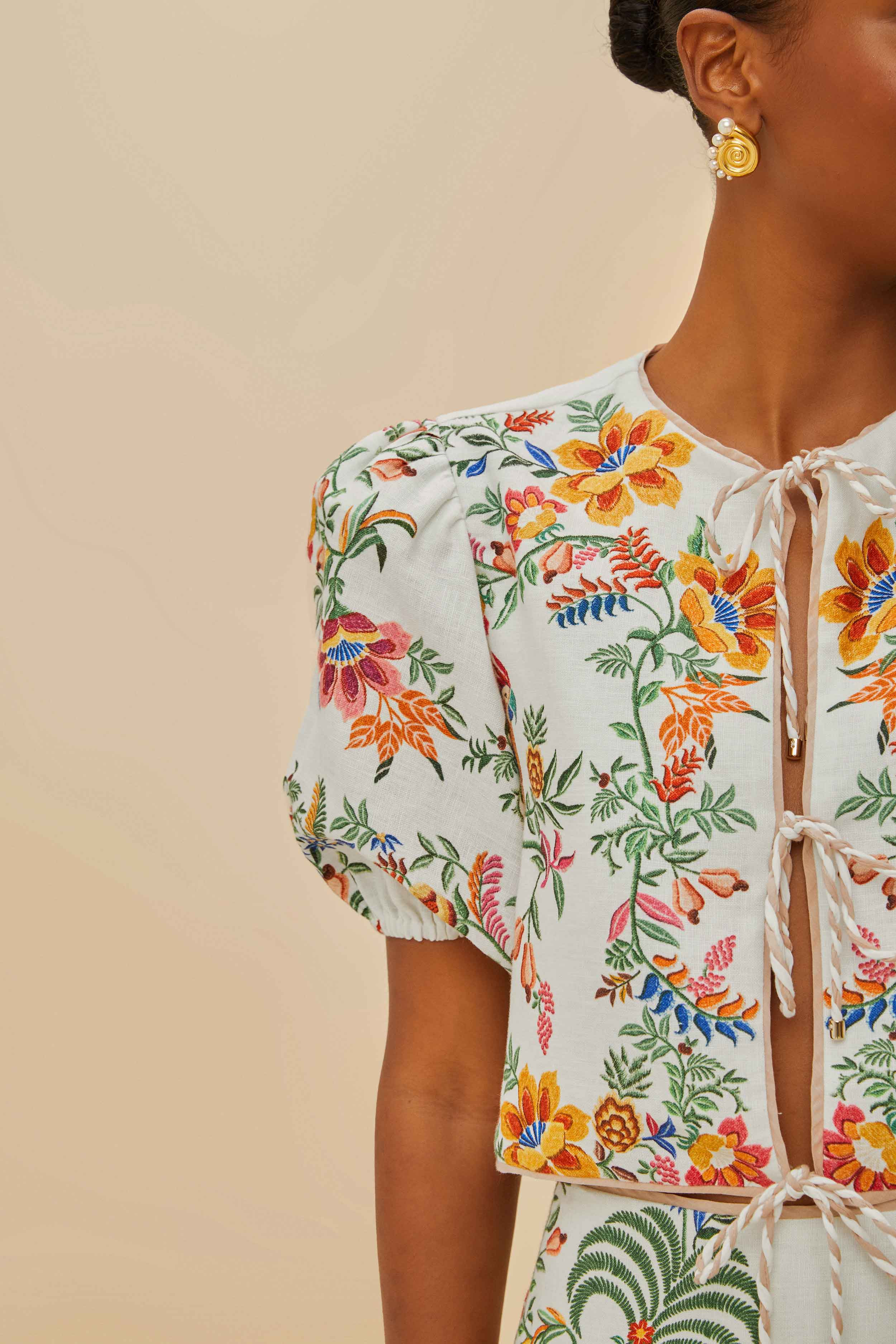 Off-White Delicate Forest Scarves Euroflax™ Premium Linen Blouse | FarmRio (US)