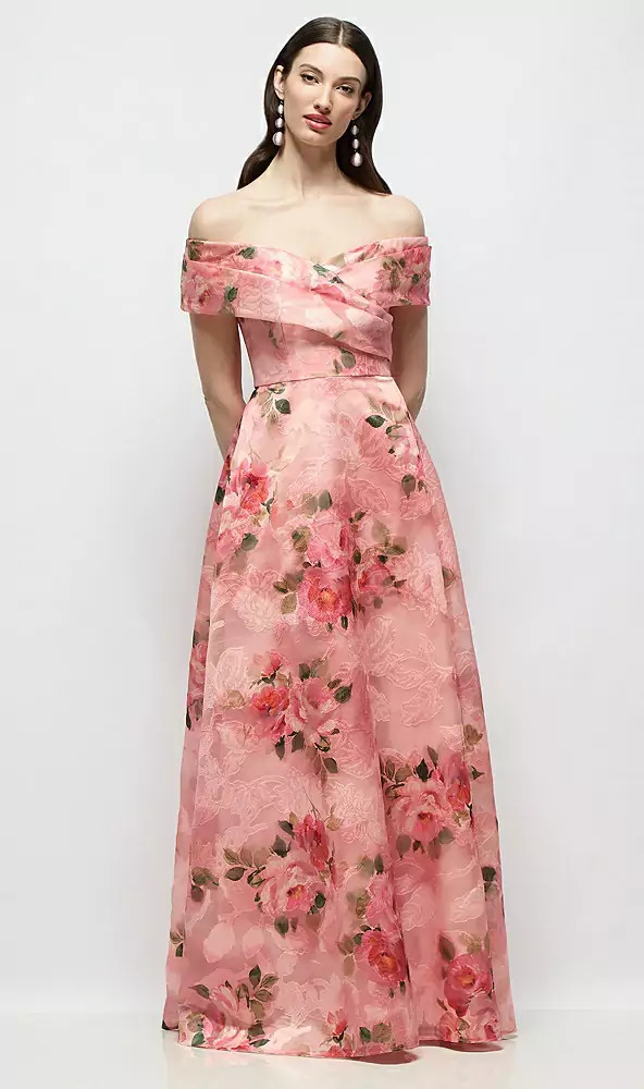 Off-Shoulder Wrap Organza Jacquard Floral Maxi Dress with Full Skirt in Guava Floral Print | Dessy Group