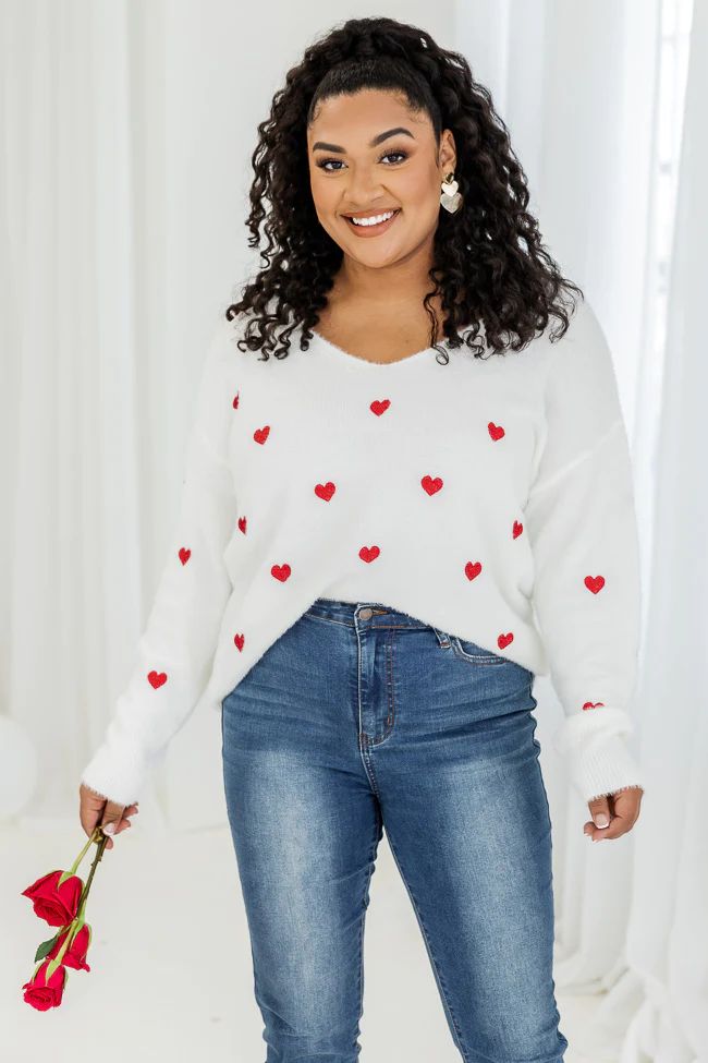 Distant Thoughts Ivory V-Neck Heart Sweater | Pink Lily